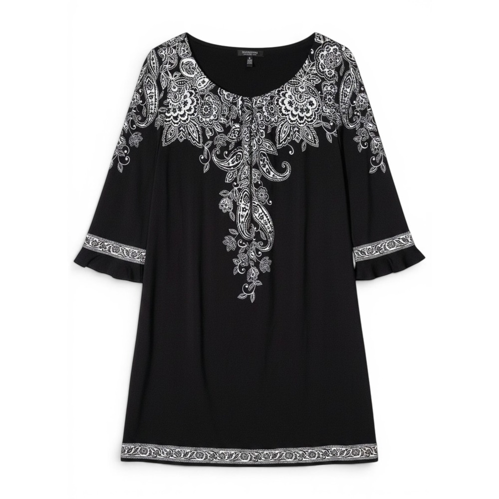 Signature London Style Dress Womens XL Black Paisley‎ 3/4 Sleeve Business Casual
